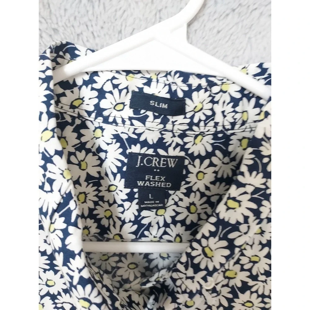 J Crew Shirt Mens Large Slim Flex Washed Daisy Floral Short Sleeve Blue Oxford L